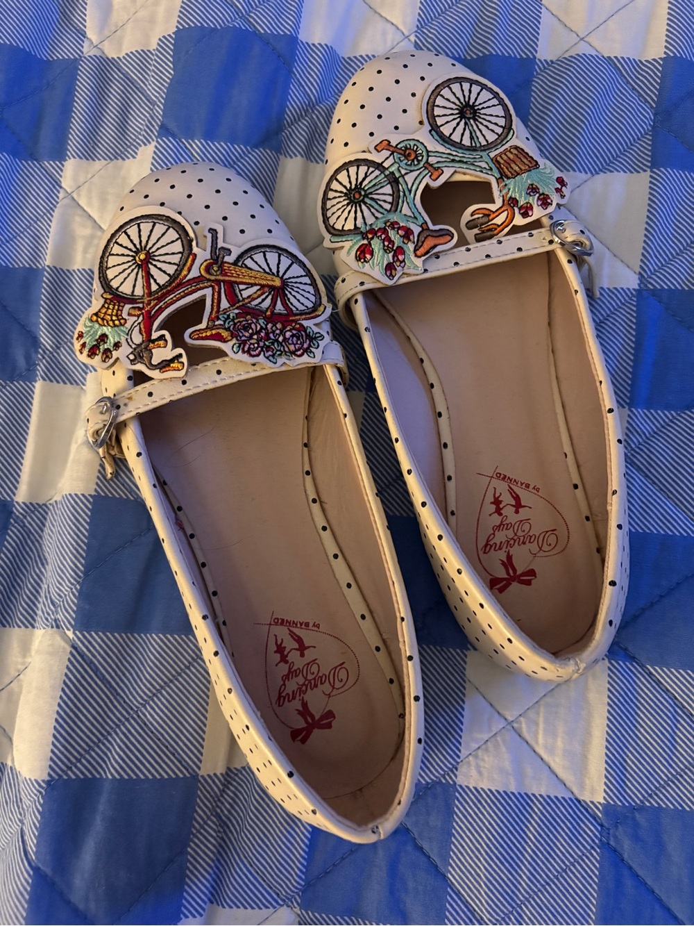 White Polka Dot Ballet Flats with Colorful Bicycle Appliqué